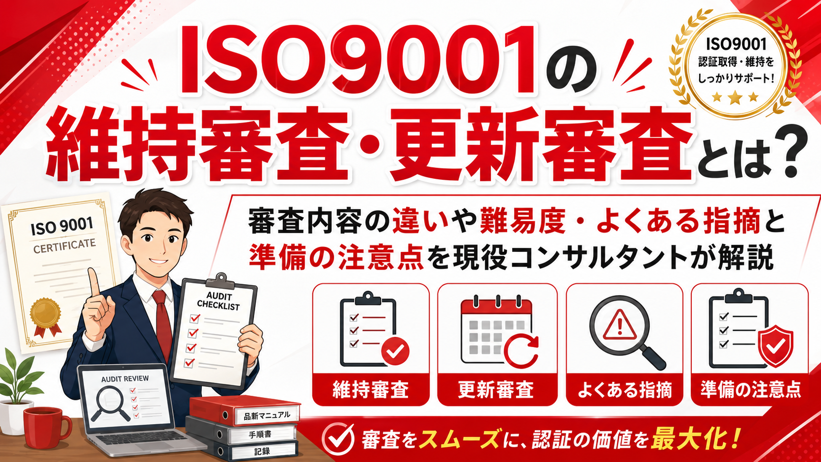 【完全版】ISO9001の維持審査・更新審査とは?審査内容の違いや難易度・よくある指摘と準備の注意点を現役コンサルタントが徹底解説