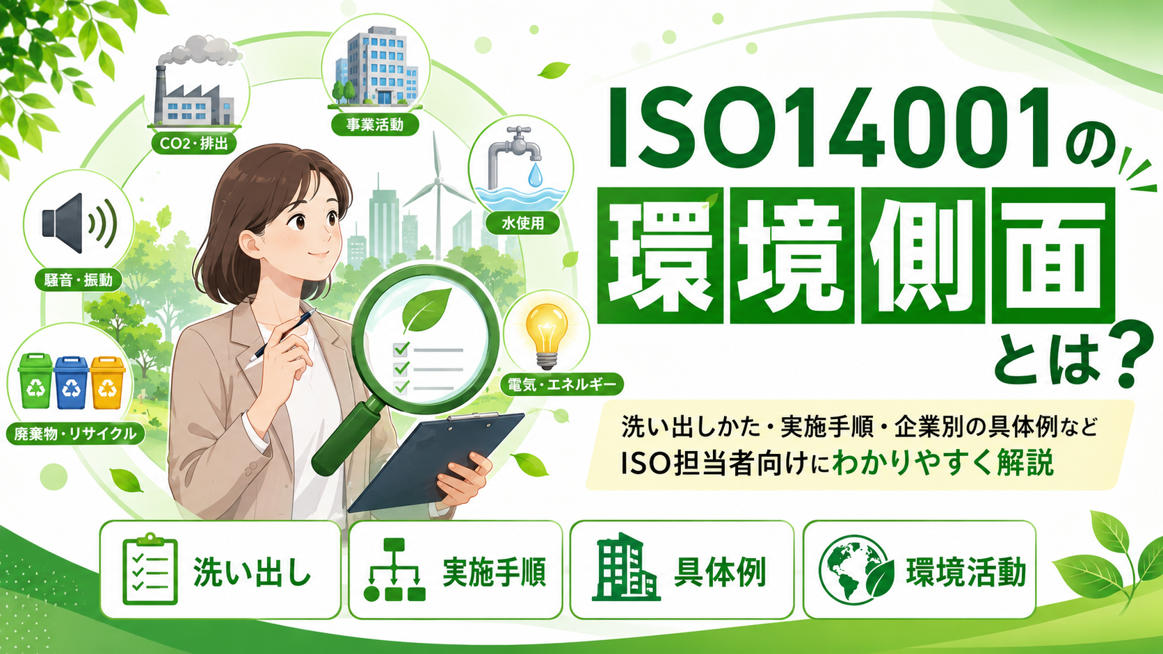ISO14001の環境側面とは?洗い出し方や実施の手順・業界別の具体例などISO担当者向けにわかりやすく解説