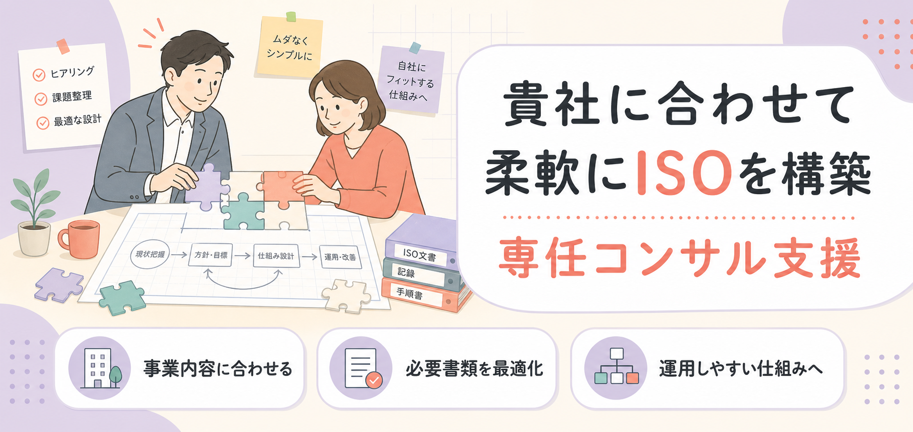 貴社に合わせて柔軟にISOを構築できる専任コンサル支援