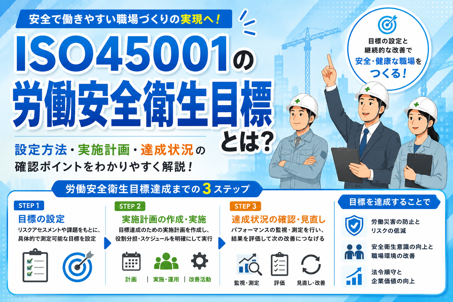 ISO45001の労働安全衛生目標とは？設定方法・実施計画・達成状況の確認ポイントを解説