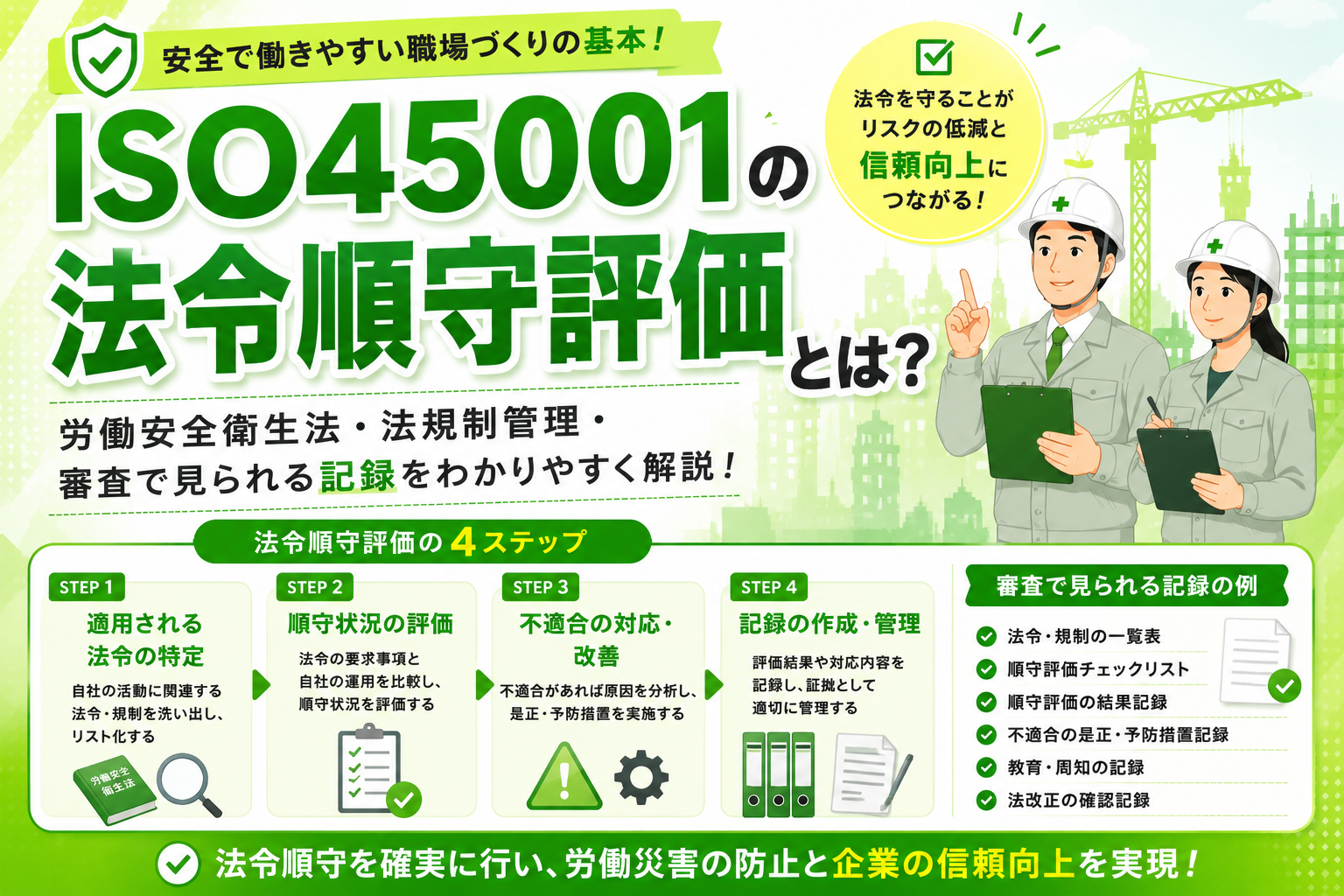 ISO45001の法令順守評価とは？労働安全衛生法・法規制管理・審査で見られる記録を解説