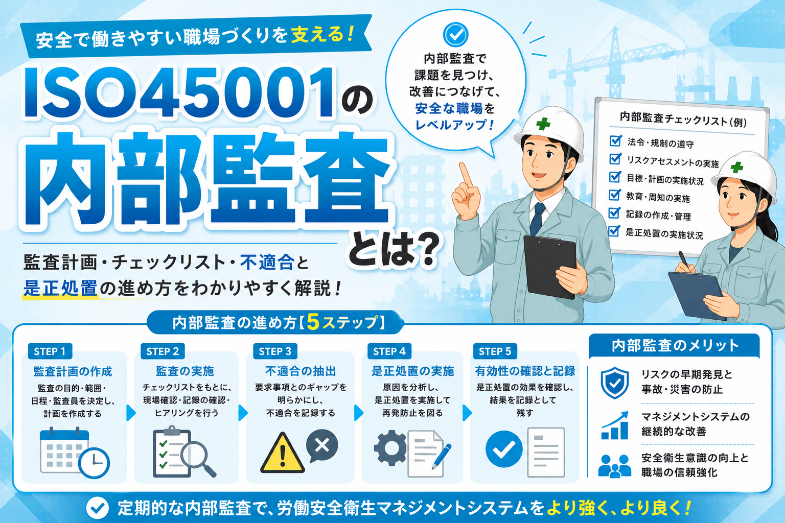 ISO45001の内部監査とは？監査計画・チェックリスト・不適合と是正処置の進め方を解説