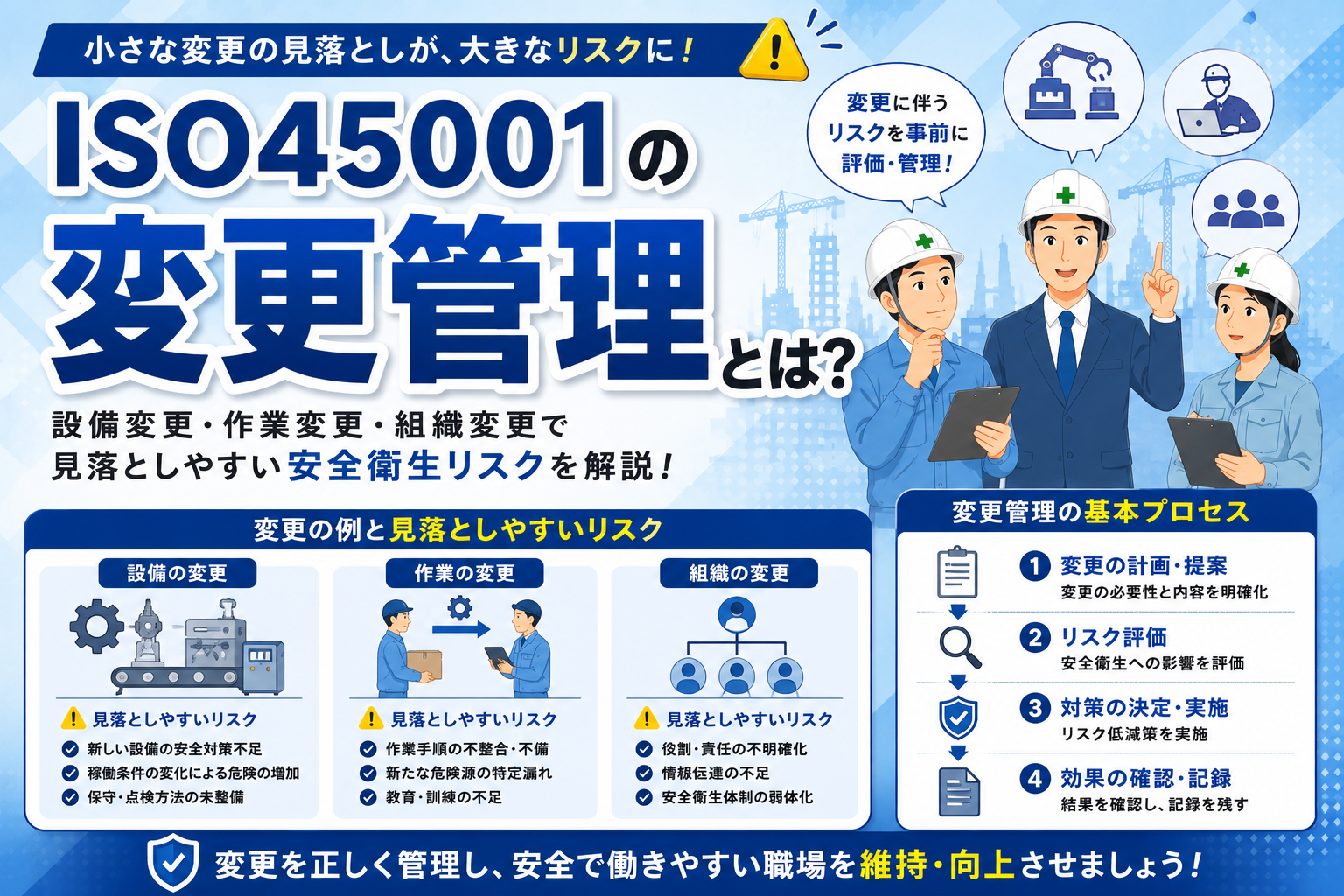ISO45001の変更管理とは？設備変更・作業変更・組織変更で見落としやすい安全衛生リスクを解説