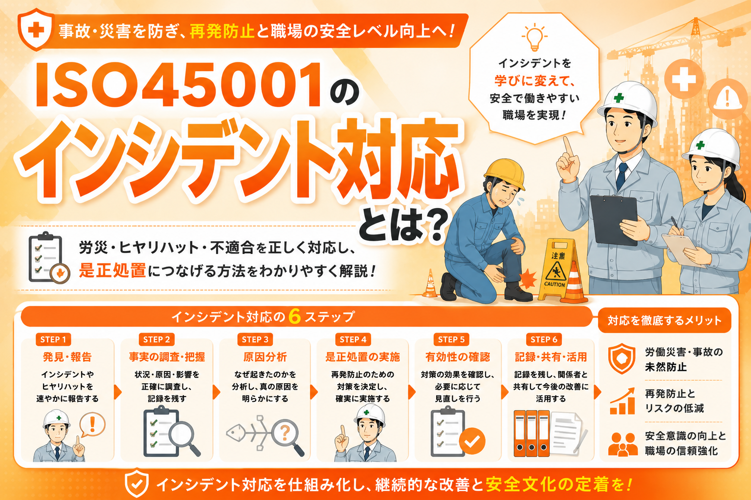 ISO45001のインシデント対応とは？労災・ヒヤリハット・不適合から是正処置につなげる方法を解説
