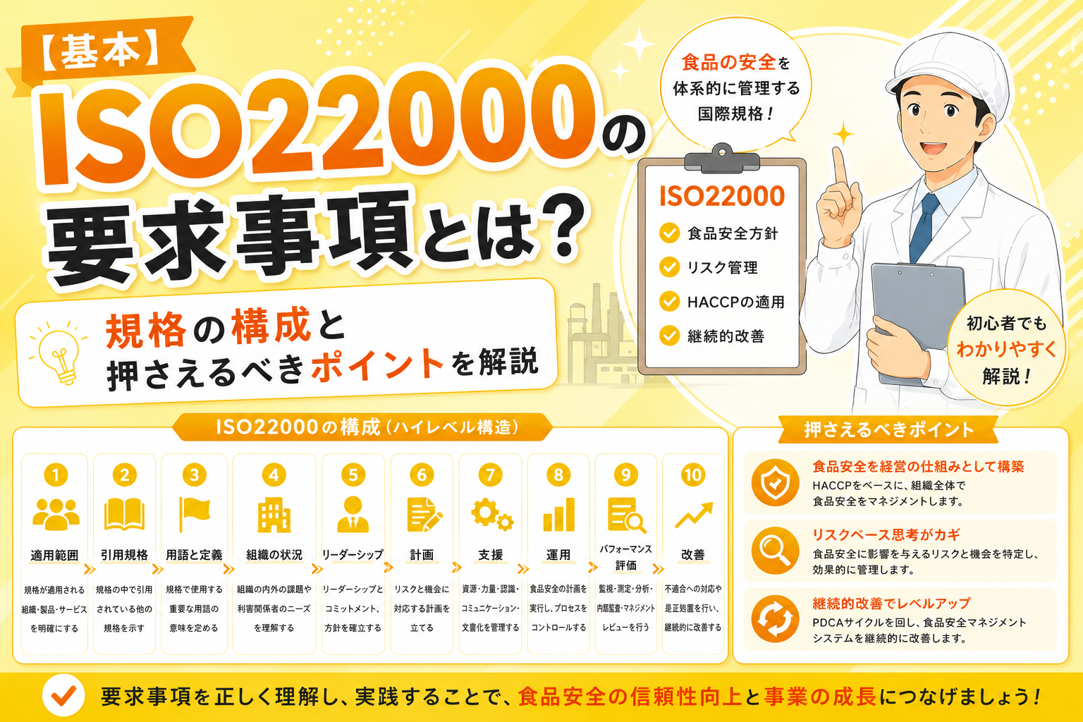 ISO22000の要求事項とは？規格の構成と押さえるべきポイントを解説