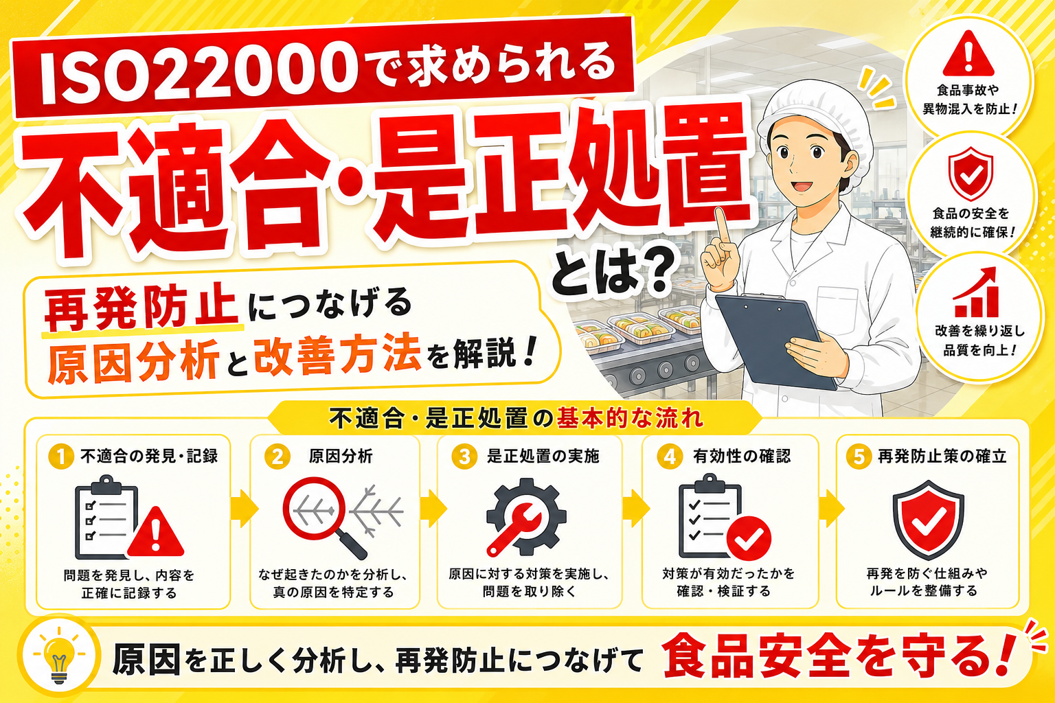 ISO22000の不適合・是正処置とは？再発防止につなげる原因分析と改善方法を解説