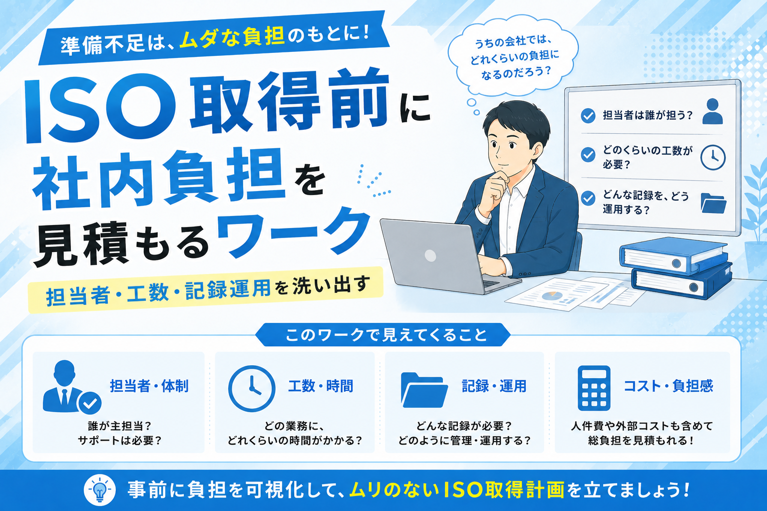 ISO取得前に社内負担を見積もるワーク｜担当者・工数・記録運用を洗い出す