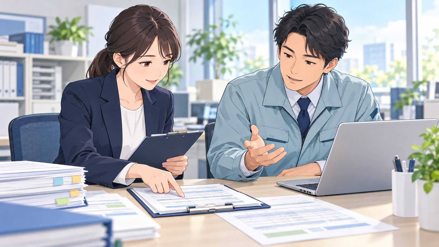 内部監査員と業務担当者が、手順書と作業記録を見比べながら確認する様子
