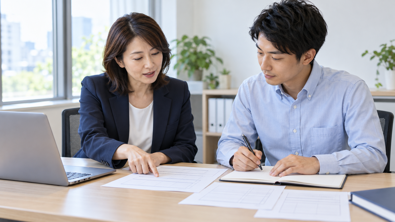 内部監査の記録を一緒に見ながら指導者が監査員候補に助言する場面