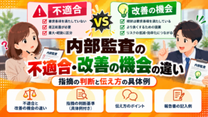 内部監査の不適合と改善の機会の違い、指摘の判断基準・伝え方・報告書の記入例を紹介する図