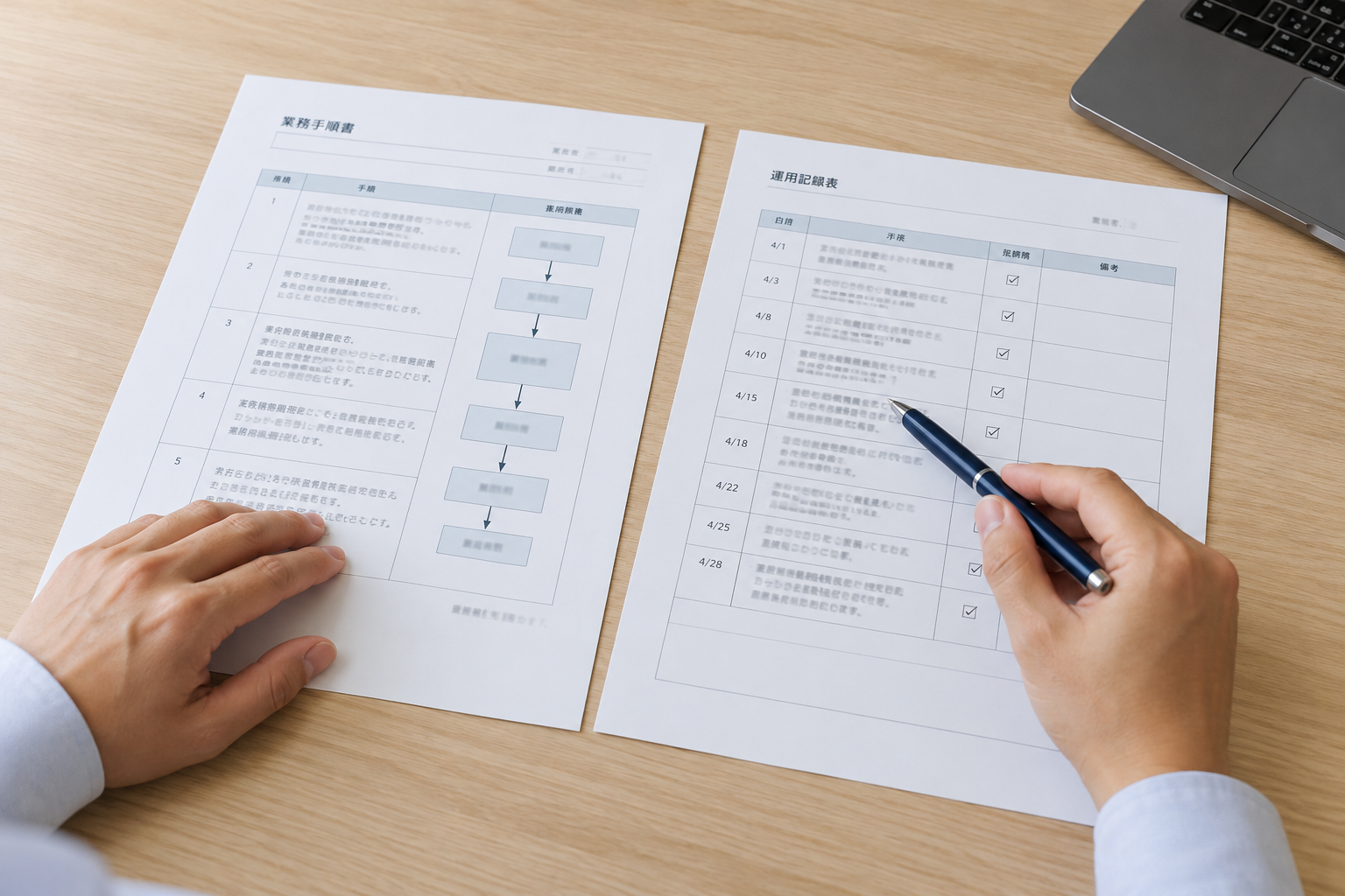 社内手順と業務記録を並べて、対応する内容を確認する様子