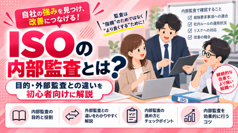 ISOの内部監査とは?目的・外部監査との違いを初心者向けに解説。担当者が仕事のルールと改善点を一緒に確認するイラスト。