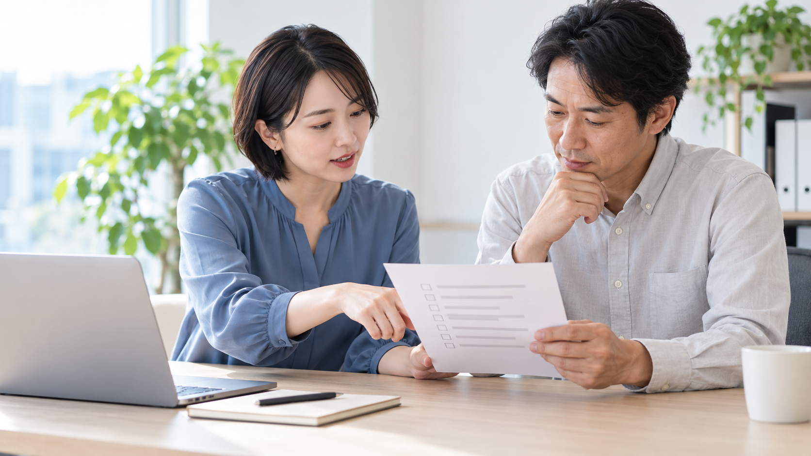 担当者同士がチェック資料を見ながら、社内での準備と役割を相談するイメージ。