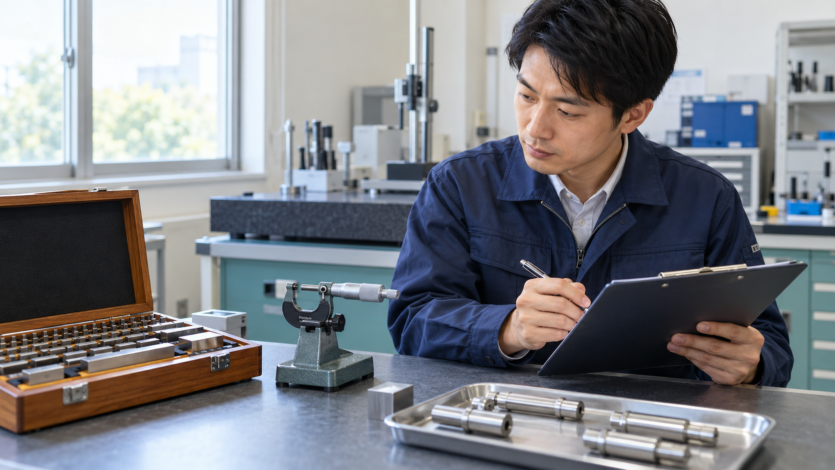 品質担当者がマイクロメータと基準器のある検査室で測定器の記録を確認する場面