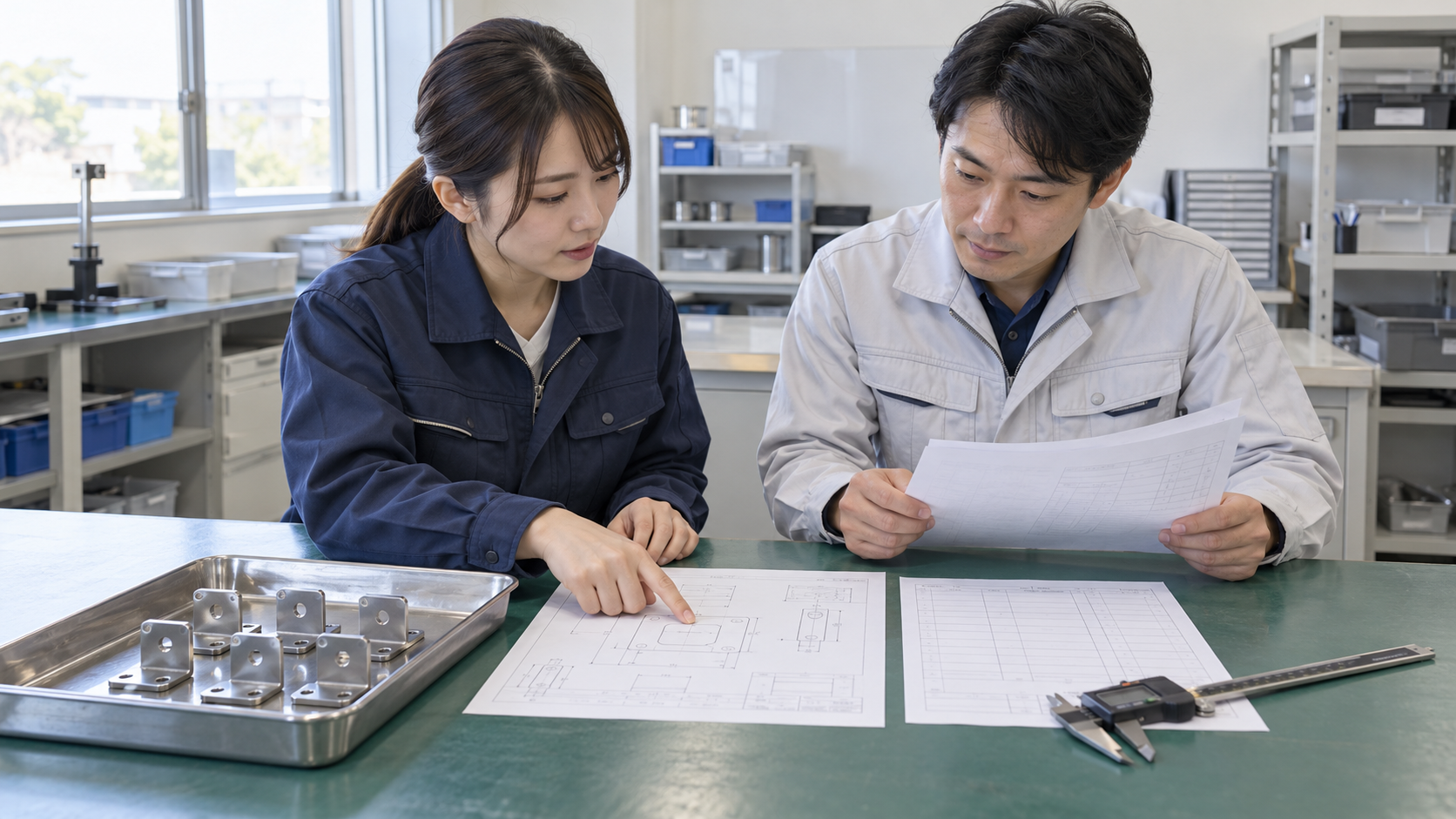 購買担当と品質担当が図面と受入記録を見ながら金属部品の確認内容を相談する場面